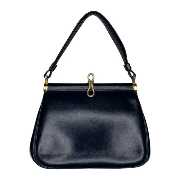 Vintage Handbags - Vintag Leather Handbag Goldtone Hardware Clamshell Closure Navy Blue